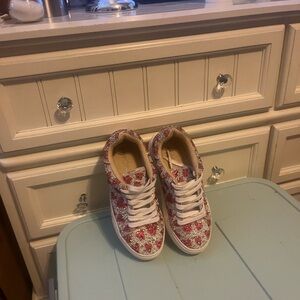 Betsey Johnson Glittery Red/ Pinkish Sneakers With Hearts